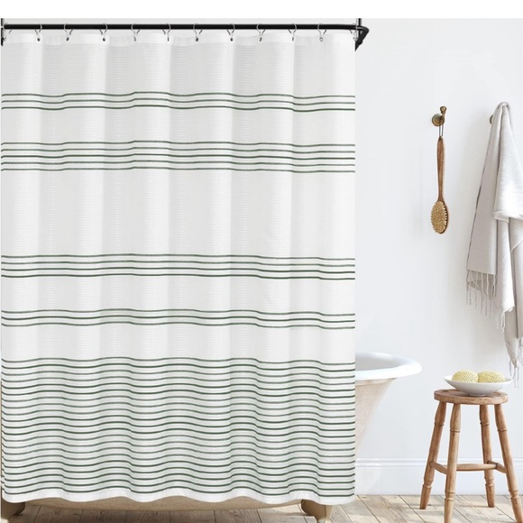 jinchan White Fabric Shower Curtain with Green Stripes- Waterproof Bath 70x72” - Picture 1 of 4